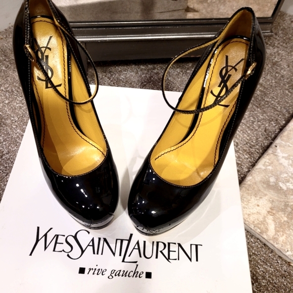 YVES SAINT LAUTENT (YSL) Ankle Strap Pump, Black & Yellow Patent shoe, size 37 - Picture 9 of 17